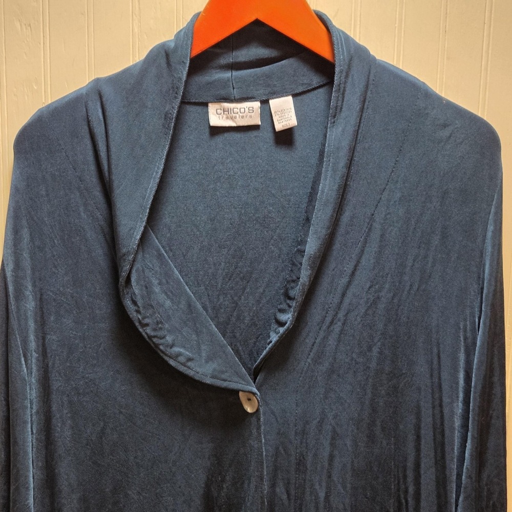 Chico's Travelers Jacket Womens 3 Blue Knit Lightweight‎ Single Button Collar